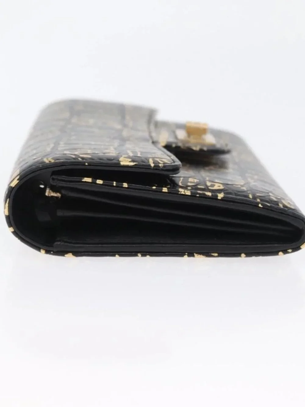 CHANEL 2.55 Long Wallet Croco Embossed Black Gold CC Auth 172450SAV